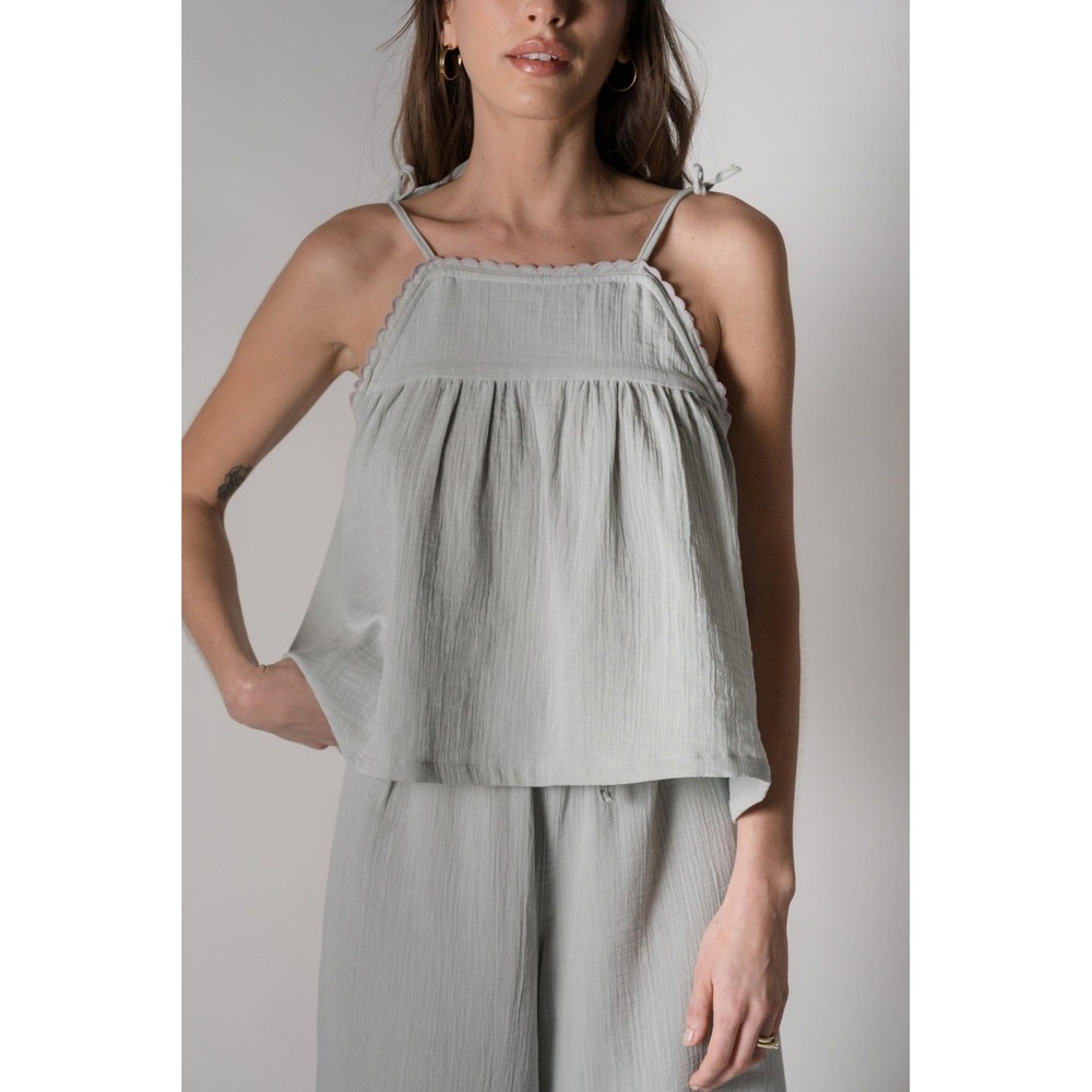 House No 23 Alaia Pajama Top S/M Organic Cotton Gauze Crop Sage Coquette Cottage
